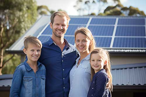 A family standing in front of their solar panels that were installed with the help of Australian government incentives and rebates